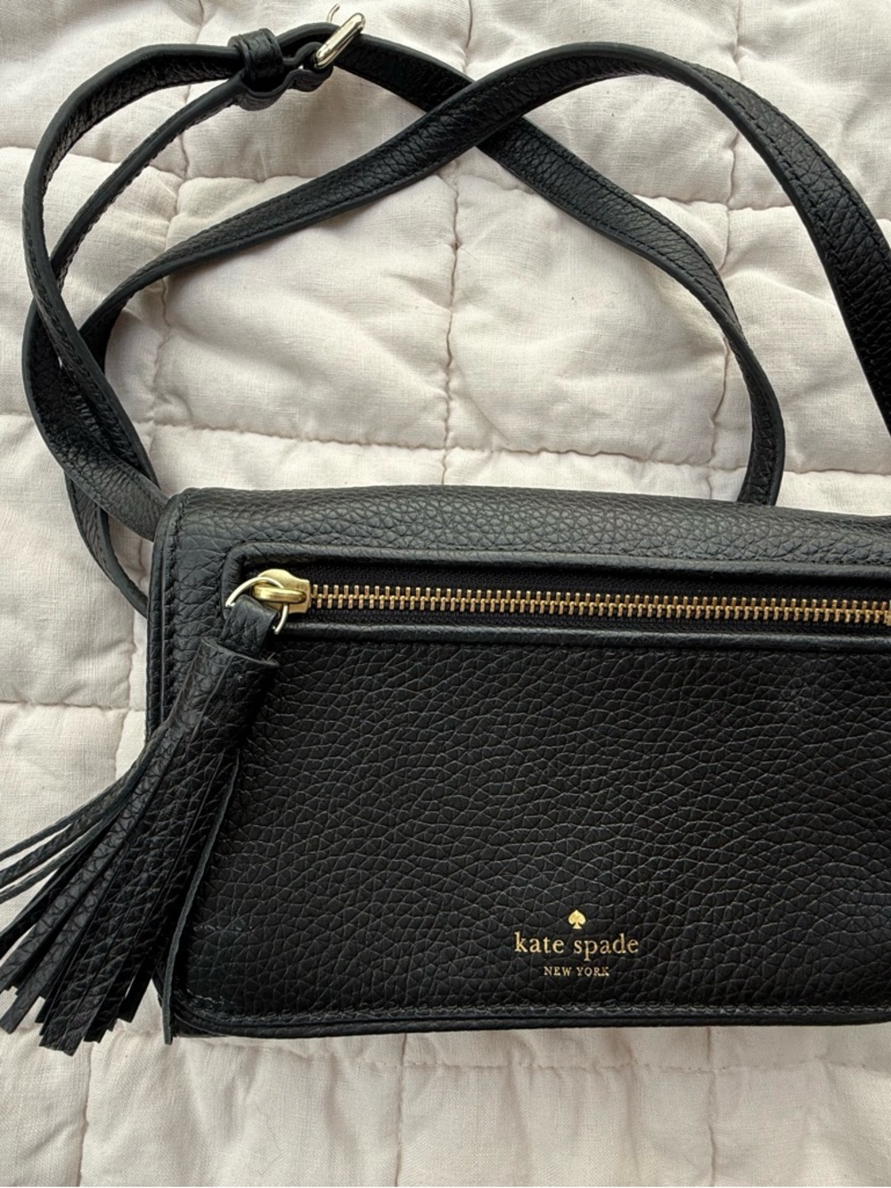 kate spade Black Pebbled Leather Crossbody with Tassel and Gold Hardware
